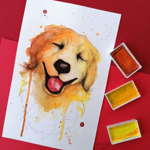 watercolour dog splatter golden retriever smile