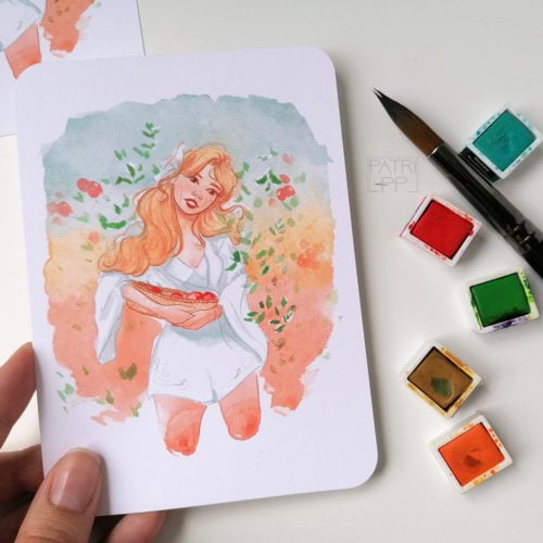 Watercolour sketch apple picking girl pastel
